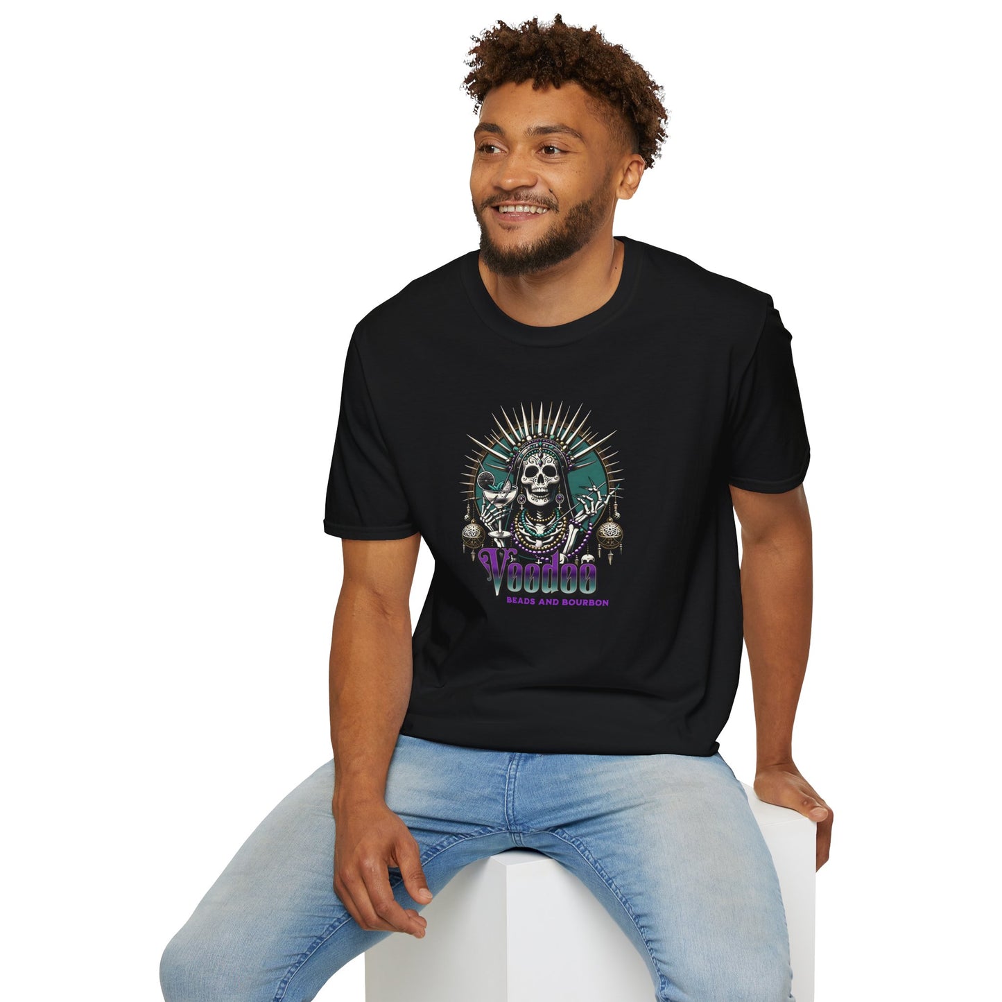 Voodoo beads and bourbon creepy mardi gras Unisex Softstyle T-Shirt