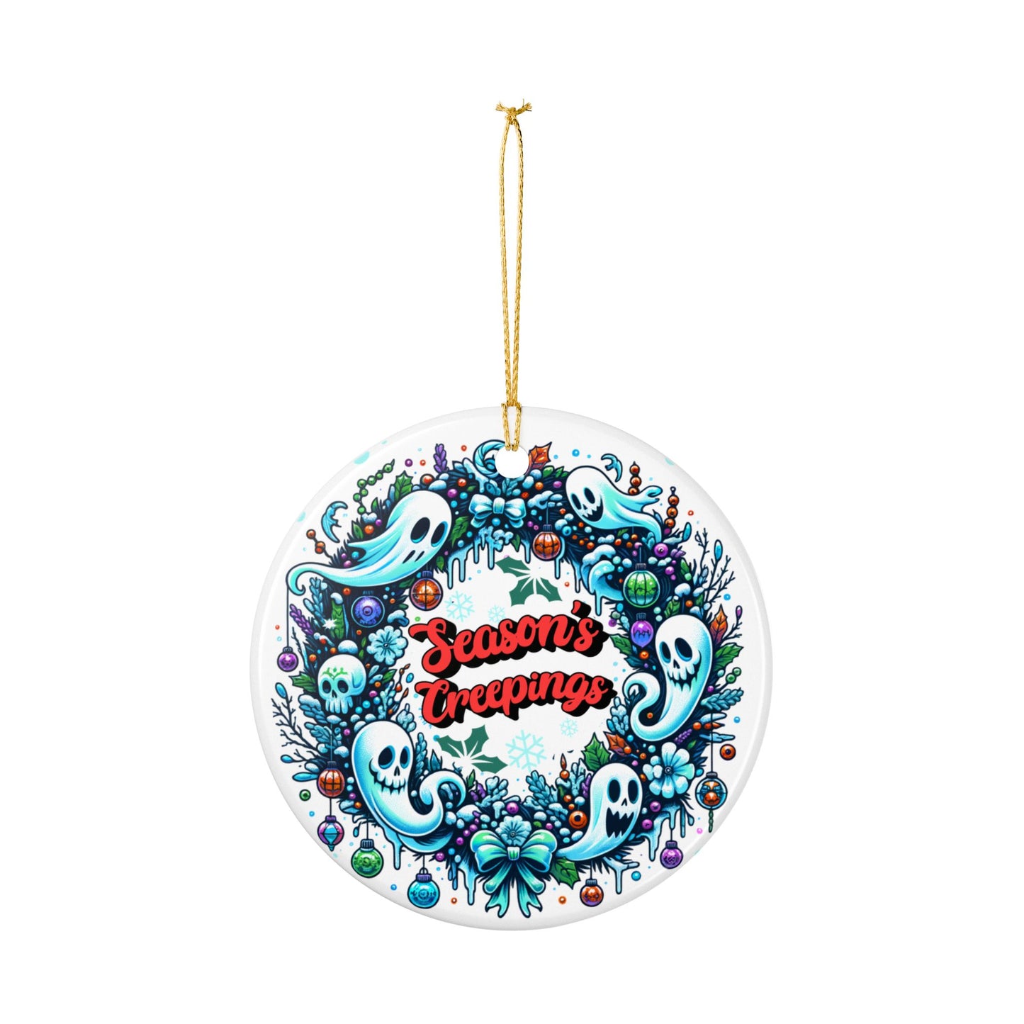 Season’s Creepings Ceramic Ornament — Ghost Wreath Holiday Decoration
