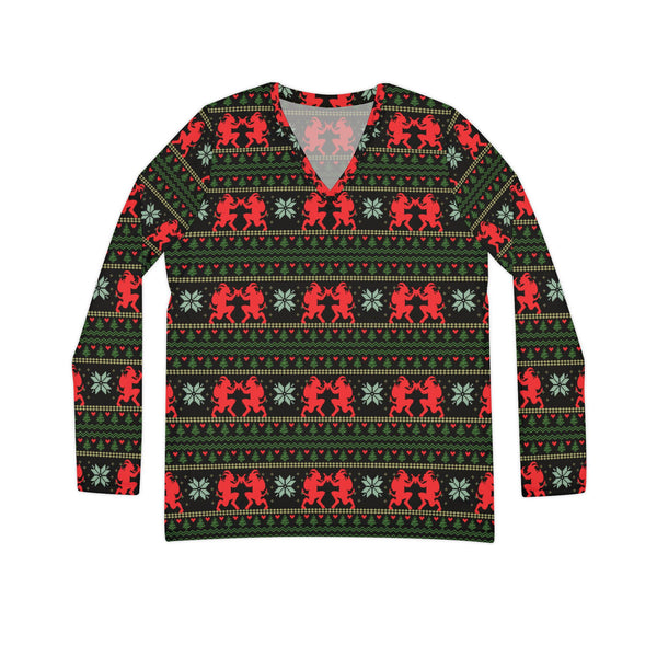 Krampus Ugly Sweater Women's Long Sleeve V-neck Shirt (AOP)