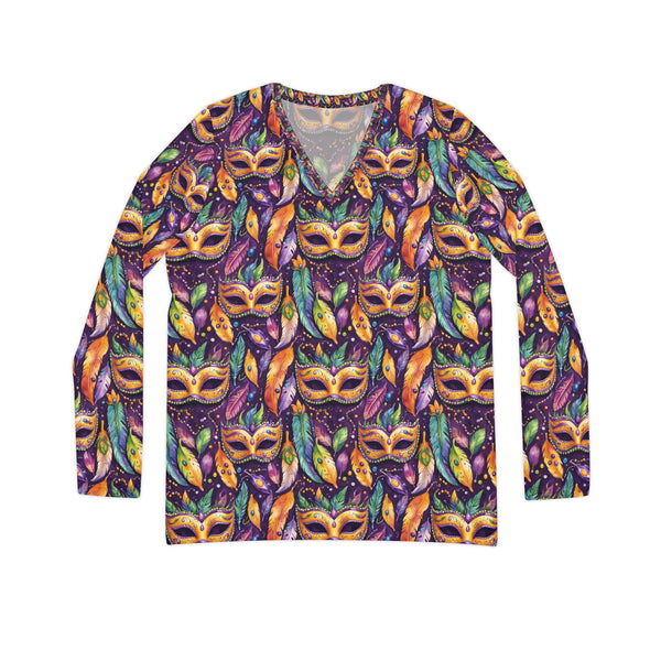 Mardi Gras Mask and Beads all over print Women's Long Sleeve V-neck Shirt (AOP)