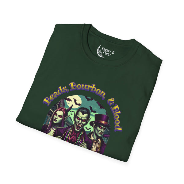 Beads, Bourbon and Blood Vampire skeleton creepy mardi gras Unisex Softstyle T-Shirt