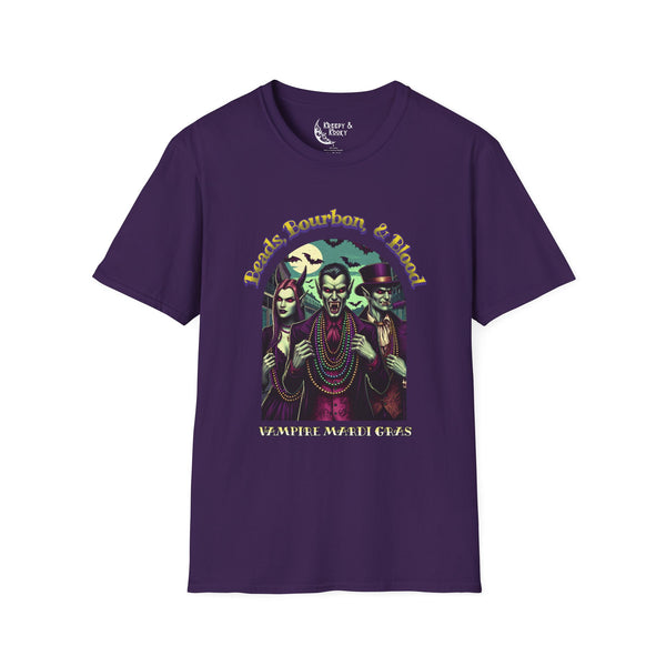 Beads, Bourbon and Blood Vampire skeleton creepy mardi gras Unisex Softstyle T-Shirt