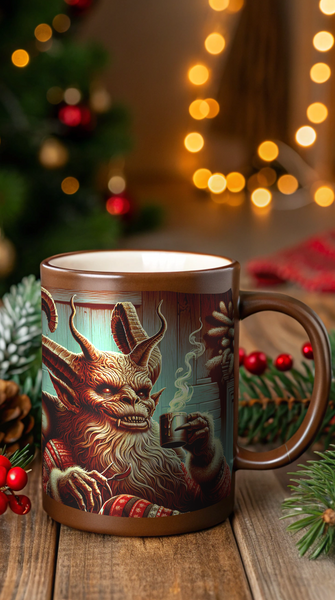 Krampus drinking cocoa creepy Christmas Ceramic Mug, (11oz, 15oz)