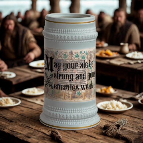 Medieval Viking Castle-Core Beer Stein Mug - Perfect Gift for Beer Lovers - 'May Your Ale Be Strong' Design