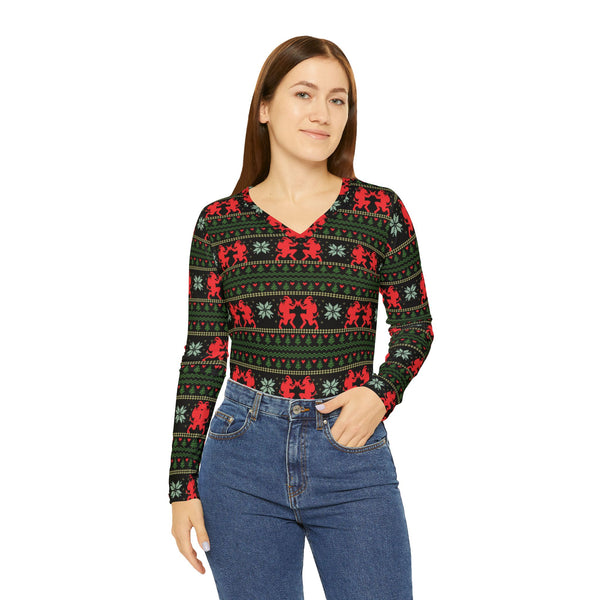 Krampus Ugly Sweater Women's Long Sleeve V-neck Shirt (AOP)