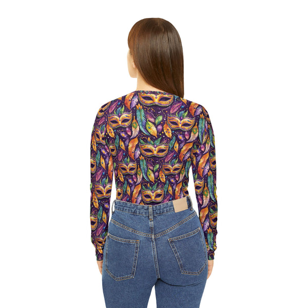 Mardi Gras Mask and Beads all over print Women's Long Sleeve V-neck Shirt (AOP)