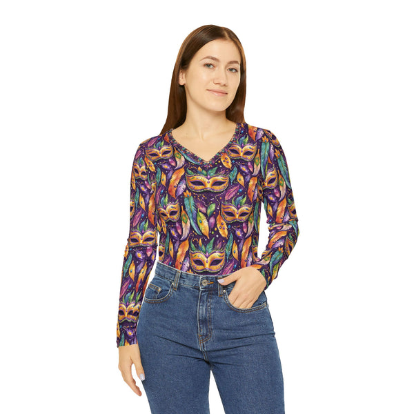 Mardi Gras Mask and Beads all over print Women's Long Sleeve V-neck Shirt (AOP)