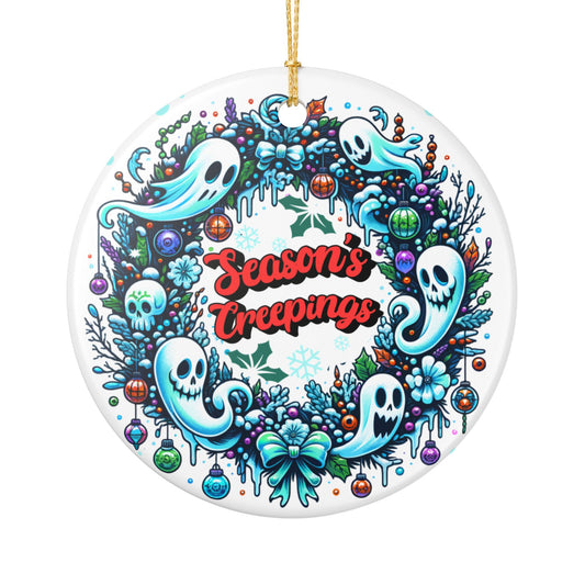 Season’s Creepings Ceramic Ornament — Ghost Wreath Holiday Decoration