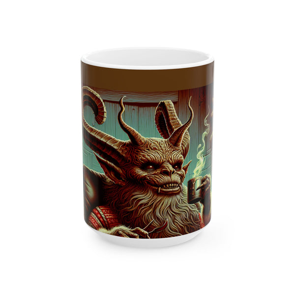 Krampus drinking cocoa creepy Christmas Ceramic Mug, (11oz, 15oz)